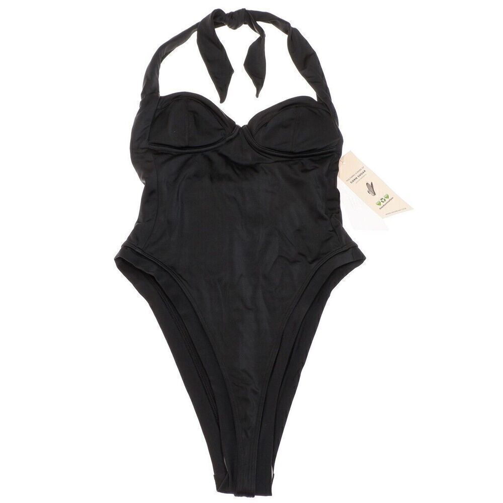 We Are HAH Pull Thru 1 PC Swimsuit Size S Noir Black High Cut Halter Rouched